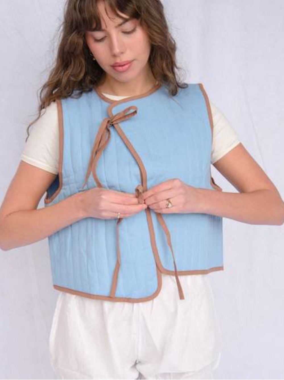 Sonderhaus Heidi Light Blue Quilted Vest Tan XS